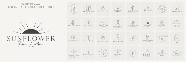 Zelfklevend Fotobehang Botanical bundle Floral element Hand Drawn Logo with Wild Flower and Leaves. Logo for spa and beauty salon, boutique, organic shop, wedding, floral designer, interior, photography, cosmetic. © Sayed Hossain
