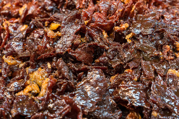 Thai fried beef jerky.Thai appetizer called Nuea Sawan at close up view