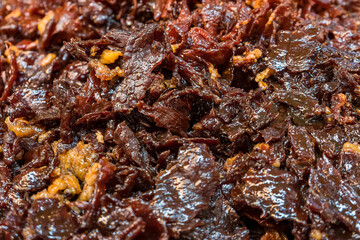 Thai fried beef jerky.Thai appetizer called Nuea Sawan at close up view