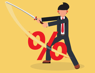 Businessman cut percent with his sword. Interest rate cut concept