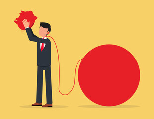 Businessman with more debt than savings. Businessman shaking an empty piggy bank,investment loss