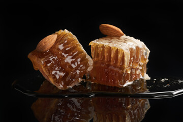 Organic honeycomb with dripping honey on black background
