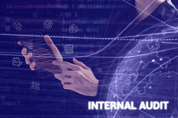 Business, technology, internet and network concept. Young businessman thinks over the steps for successful growth: Internal audit