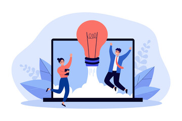 Startup rocket launch by happy business people. Success of new project of tiny man and woman flat vector illustration. Entrepreneurship, venture concept for banner, website design or landing web page - obrazy, fototapety, plakaty