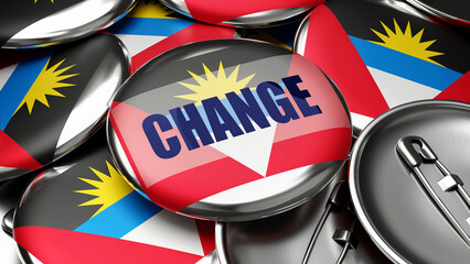 Change in Antigua and Barbuda - national flag of Antigua and Barbuda on dozens of pinback buttons symbolizing upcoming Change in this country. , 3d illustration