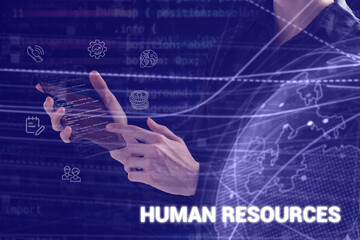 Business, technology, internet and network concept. Young businessman thinks over the steps for successful growth: Human resources