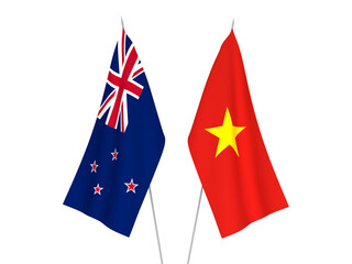 National fabric flags of Vietnam and New Zealand isolated on white background. 3d rendering illustration.