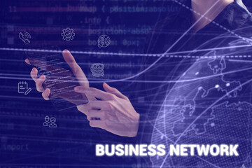 Business, technology, internet and network concept. Young businessman thinks over the steps for successful growth: Business network