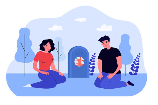 Sad pet owners sitting near tombstone with dog photo in cemetery. Man and woman in grief over death of animal flat vector illustration. Funeral concept for banner, website design or landing web page