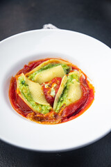 pasta stuffed cheese spinach tomato sauce shell stuffing conchiglie garnish healthy meal food snack on the table copy space food background 