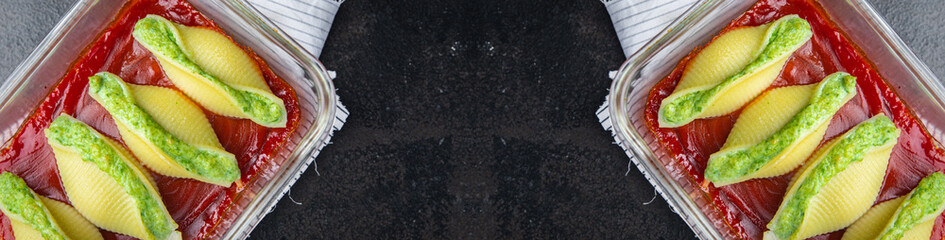 pasta stuffed cheese spinach tomato sauce shell stuffing conchiglie garnish healthy meal food snack on the table copy space food background 