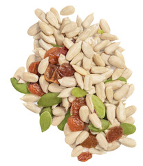 Heap of nuts and seeds isolated over the white background. Creative layout made of dried fruit and seeds. Healthy breakfast. Flat lay. Food concept..