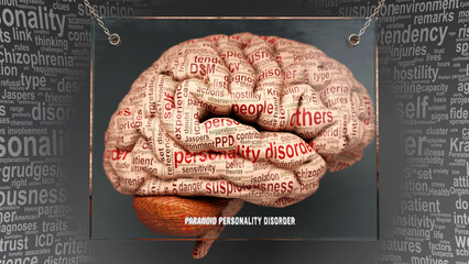 Paranoid personality disorder anatomy - its causes and effects projected on a human brain revealing Paranoid personality disorder complexity and relation to human mind. Concept art, 3d illustration - obrazy, fototapety, plakaty