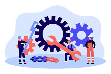 Team of technicians moving gear of machine. Tiny male characters holding spanner and wrench flat vector illustration. Maintenance, repair service concept for banner, website design or landing web page