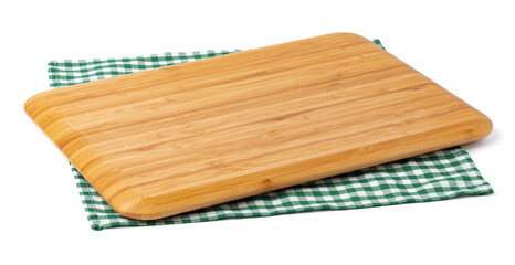 Wooden board and tablecloth isolated on white