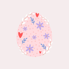 Happy Easter Vector Card. Cute Egg with drawn floral pattern inside. Easter Illustration in scandinavian style for Card, Greeting, Banner.