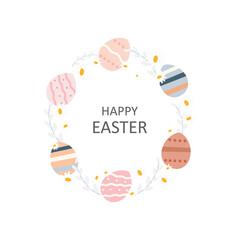Happy Easter Vector Card. Cute Egg and flower frame. Easter Illustration for card, greeting, banner, template.