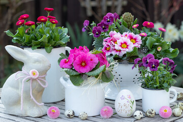 Osterdekoration mit Osterhasen und pink Frühlingsblumen in vintage Töpfen