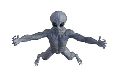 Humanoid alien looking up with hands raised up. Isolated on white background. 3D rendering illustration. Top view.