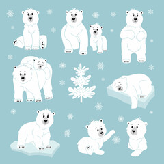 Set of white polar bears. Cute wild northern animals in cartoon style for kids. Hand drawn vector illustration isolated on blue background with snowflakes and trees. Modern trendy flat style.