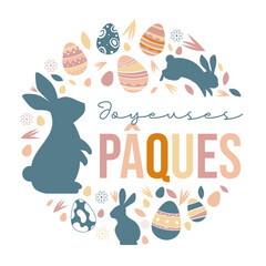 Joyeuses Pâques - Titre, lapins et œufs de Pâques.