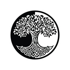 Vector illustration of black and white tree and roots forming a circle
