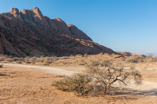 Landscape shot of the Namibian desert near Spitzkoppe, around sunset.