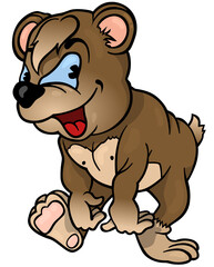 Brown Smiling Teddy Bear with Blue Eyes While Walking - Colored Cartoon Illustration Isolated on White Background, Vector