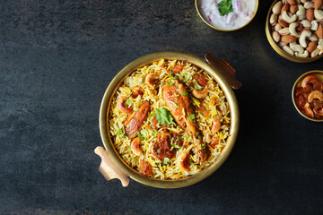 Chicken biryani Spicy Indian Malabar biryani Hyderabadi biryani, Dum Biriyani pulao golden bowl Kerala India Sri Lanka Pakistan basmati rice mixed rice dish with meat curry Ramadan Kareem, Eid