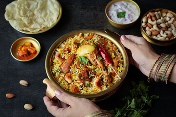 Chicken biryani Spicy Indian Malabar biryani Hyderabadi biryani, Dum Biriyani pulao golden bowl Kerala India Sri Lanka Pakistan basmati rice mixed rice dish with meat curry Ramadan Kareem, Eid