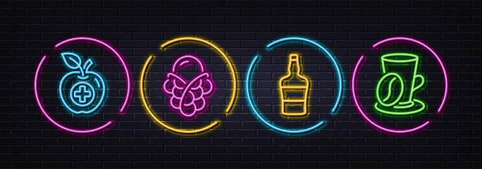 Fototapeta na wymiar Ice cream, Medical food and Scotch bottle minimal line icons. Neon laser 3d lights. Coffee cup icons. For web, application, printing. Bubble waffle, Apple, Brandy alcohol. Latte drink. Vector