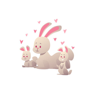 Mother bunny and her cute bunny babies flat vector illustration isolated.