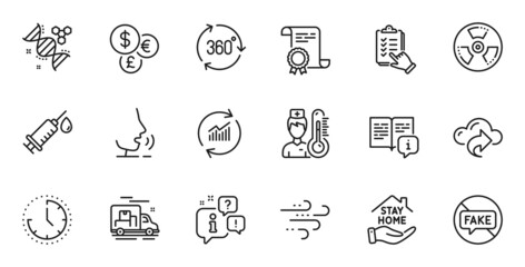 Outline set of Thermometer, Manual and Cloud share line icons for web application. Talk, information, delivery truck outline icon. Include Money currency, Medical syringe, Checklist icons. Vector