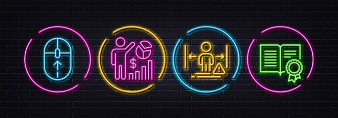 Social distance, Seo statistics and Swipe up minimal line icons. Neon laser 3d lights. Diploma icons. For web, application, printing. People protection, Analytics chart, Scrolling page. Vector