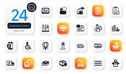 Set of Transportation flat icons. Delivery man, Delivery location and Car elements for web application. Metro, Bus tour, Opened box icons. Lighthouse, Air balloon, Packing boxes elements. Vector