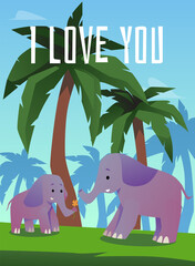 Fototapeta premium Love you card for Mother day with family of elephants, flat vector illustration.