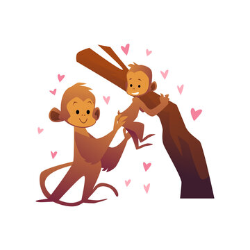 Mother monkey shows love to her child flat vector illustration isolated.