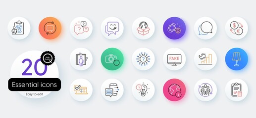 Simple set of Fingerprint, Elevator and Food order line icons. Include Currency exchange, Fake news, Yummy smile icons. Question bubbles, Time management, Table lamp web elements. Vector