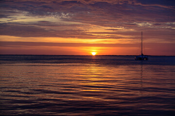 Panoramic sea ocean sunrise. Sunset at sea landscape. Dramatic sunset sky with clouds. Dramatic sunset over the sea.