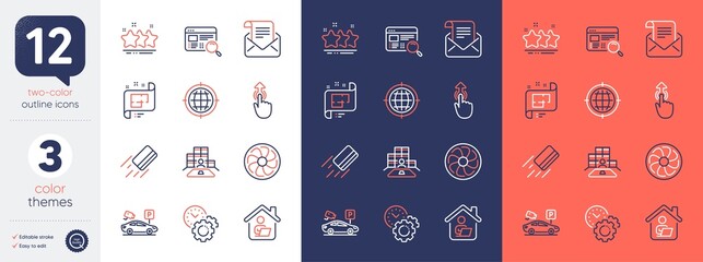 Set of Architectural plan, Parking security and Time management line icons. Include Swipe up, Mail newsletter, Inventory icons. Stars, Credit card, Website search web elements. Vector