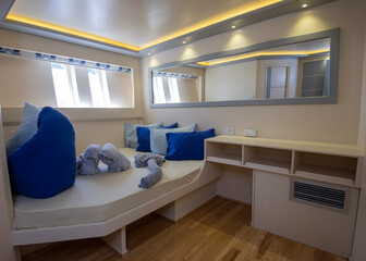 Interior of double cabin on luxury yacht