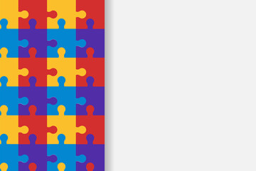 Colorful rainbow puzzle jigsaw pieces frame background. Purple, yellow, blue, green, red, orange puzzle separate pieces mosaic , detail, tile. Modern game team group template.