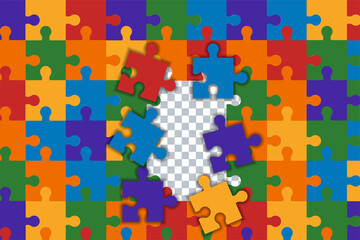 Colorful rainbow puzzle jigsaw pieces frame background. Purple, yellow, blue, green, red, orange puzzle separate pieces mosaic , detail, tile. Modern game team group template.