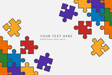 Colorful rainbow puzzle jigsaw pieces frame background. Purple, yellow, blue, green, red, orange puzzle separate pieces mosaic , detail, tile. Modern game team group template.