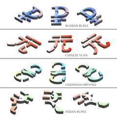 Vector 3d set of broken symbols of the Russian ruble, Chinese yuan, Ukrainian hryvnia and Indian rupee on a white isolated background