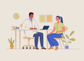 Patient meeting doctor. Healthcare and medical consultation, diagnostics. Colorful flat cartoon vector illustration.
