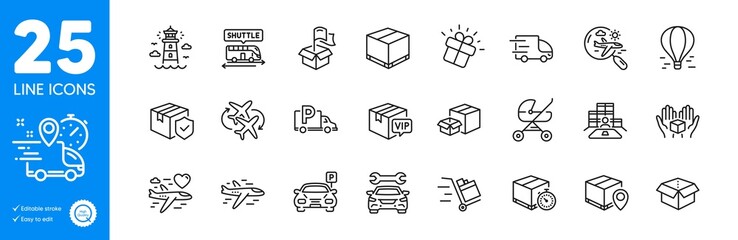 Outline icons set. Hold box, Parcel tracking and Delivery location icons. Airplane, Vip parcel, Lighthouse web elements. Honeymoon travel, Truck delivery, Packing boxes signs. Parking. Vector