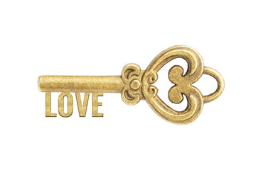 Realistic bronze vintage antique key with word Love isolated on white background