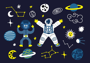 Space set with stars, planets, astronaut, alien, constellations