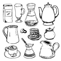 A set of kitchen tools with doodles. Kitchen utensils for making coffee, latte, cappuccino, dishes, teapots, cups and kitchen utensils. Vector illustration. isolated